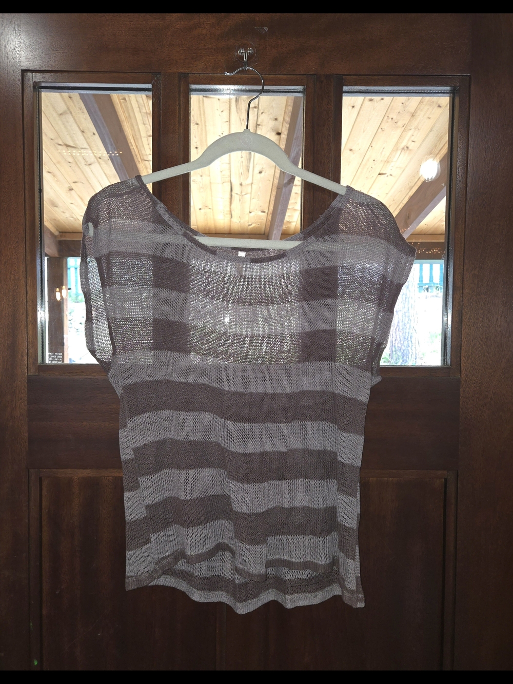 Brown & Taupe Sheer Striped Knit Top – Size Small